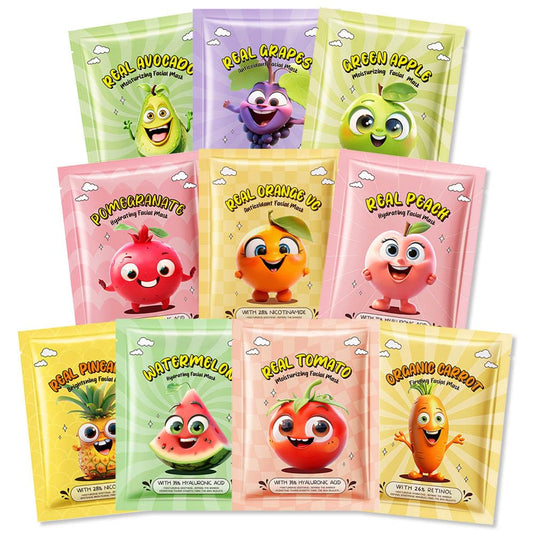 Kaely 10 Pack Fruit Face Masks for Kids, Spa Party Facial Mask Skincare Set, Sheet Masks Skin Care, Moisturize Brighten Soothe for All Skin Types, Christmas Birthday Gifts for Women Men Girls, 01