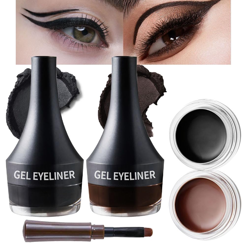 Kaely 2Pcs Black Brown Gel Eyeliner Pot,Easy to Use Eye Makeup Sets,Waterproof Eye Liners Kit,Cream Eyeliner Pencil Stamps,Eyebrow Cream Kit,delineador de ojos contra el agua,maquillaje para mujer