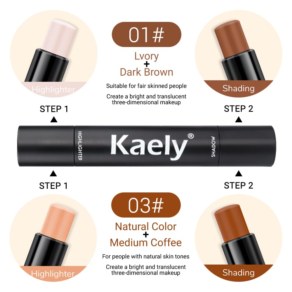 Kaely 4 Color Highlighter Contour Stick,Cream Contour Palette Kit for Beginners,Bronzer Contouring Sticks,contorno maquillaje para mujer en oferta,Concealer Stick Primer Face Makeup Brightener,02+03