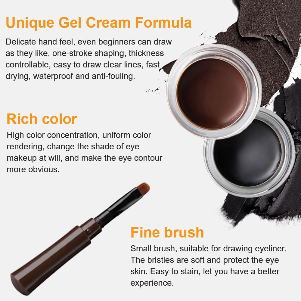 Kaely 2Pcs Black Brown Gel Eyeliner Pot,Easy to Use Eye Makeup Sets,Waterproof Eye Liners Kit,Cream Eyeliner Pencil Stamps,Eyebrow Cream Kit,delineador de ojos contra el agua,maquillaje para mujer