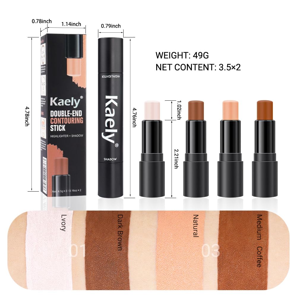 Kaely 4 Color Highlighter Contour Stick,Cream Contour Palette Kit for Beginners,Bronzer Contouring Sticks,contorno maquillaje para mujer en oferta,Concealer Stick Primer Face Makeup Brightener,02+03